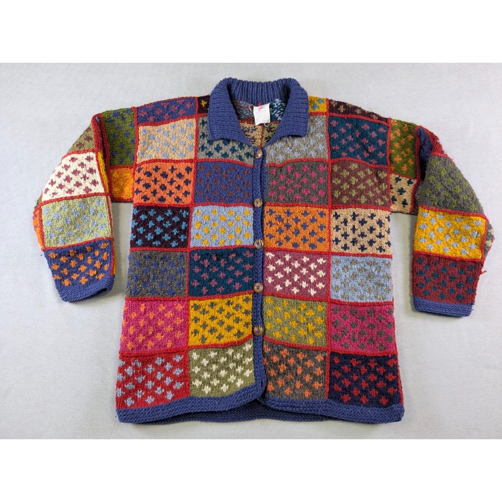 Vintage Womens Cardigan XL Sweater Patchwork Boho Wool Knit Hippie Handmade